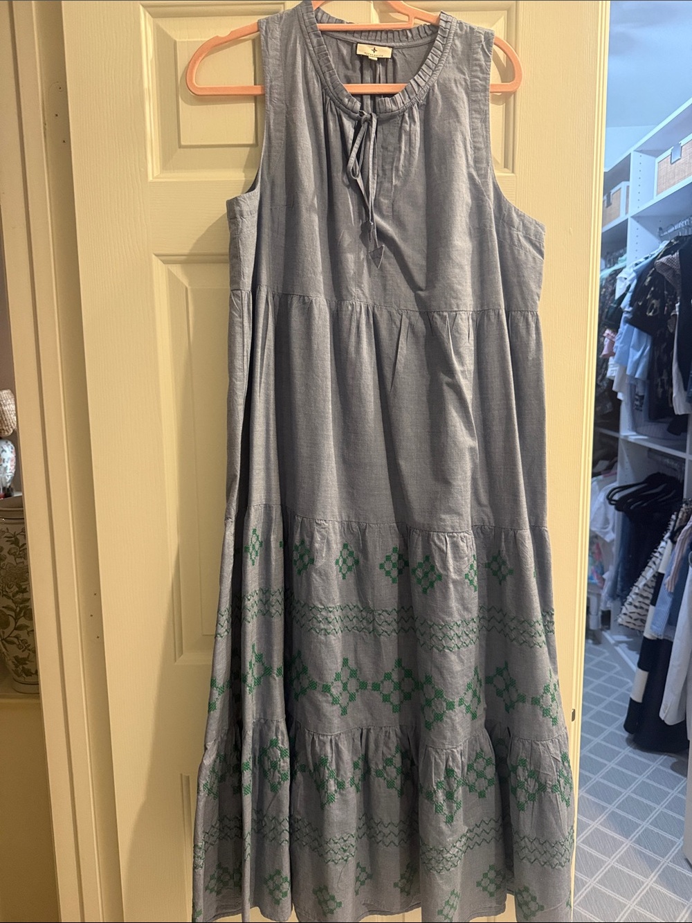 Tuckernuck Light Blue Tiered Maxi Dress with Green Embroidery